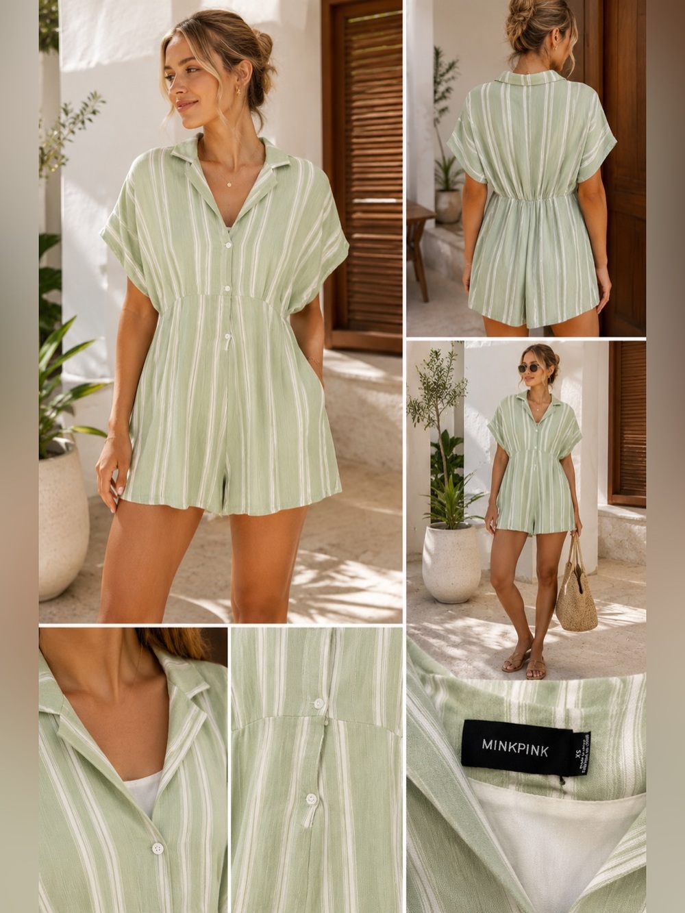 MINKPINK Sage Green Stripe Romper XS Coastal Vacation Button Front